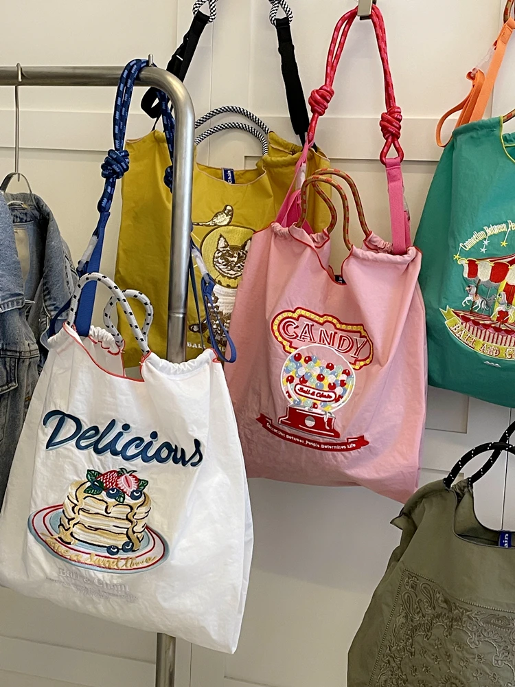 Embroidered Dopaamine  Shopping Bag Handbag Oxford Cloth Bag Nylon Single Shoulder Bag Tote Bag Travel Canvas Bag