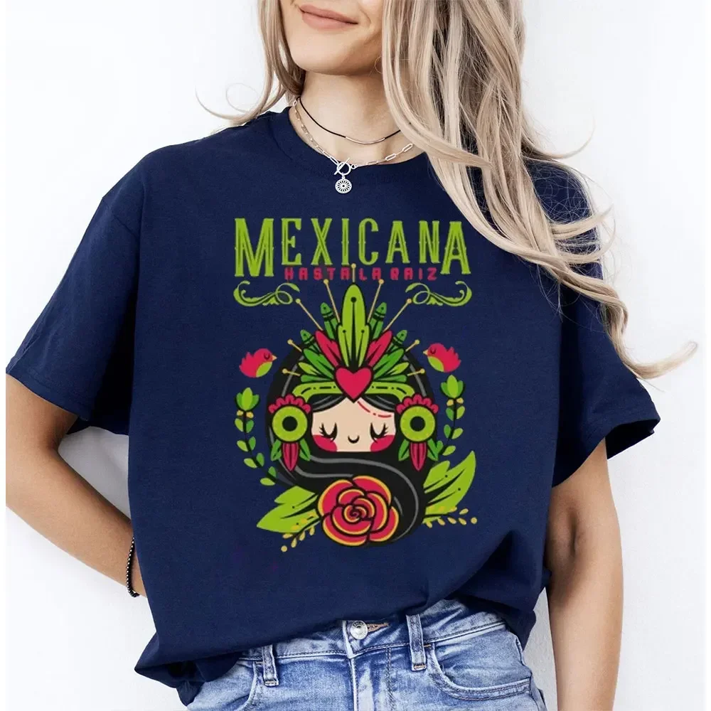 Regalo Para Mujer Mexican Girls Tee Ink Fun on Mexican Printed Shirt Summer Short Sleeve Blue Mexican Top for Colombian Clothing