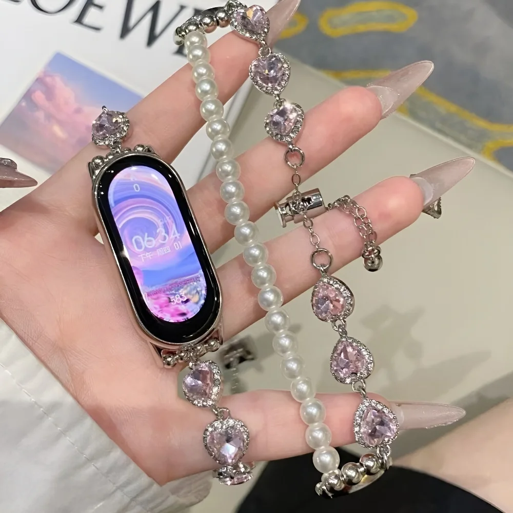 الحب القلب اللؤلؤ حزام ل Mi الفرقة 9/8 Smartwtach معصمه ل Redmi ساعة 5/4 سوار مجوهرات معدني لهواوي الفرقة 10/9/8