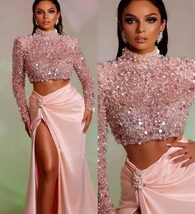 2025 Arabic Aso Ebi Luxurious Two Pieces Prom Dresses Beaded Sequins Split Formal Evening Engagement Gowns Vestidos De Fieast