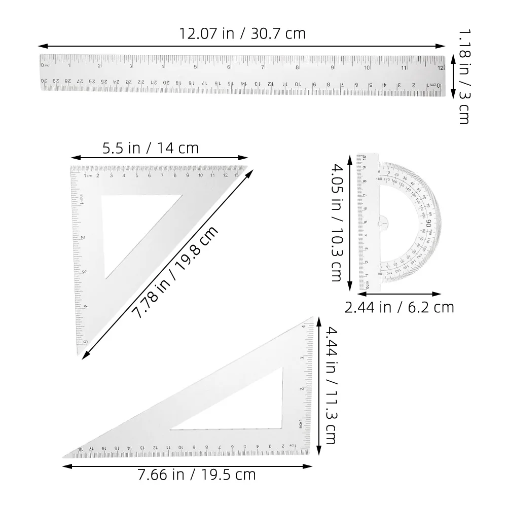 2Sets Clear Triangle Ruler Protractor Set Drafting Tools for Drawing School Engineering Teaching Protractor