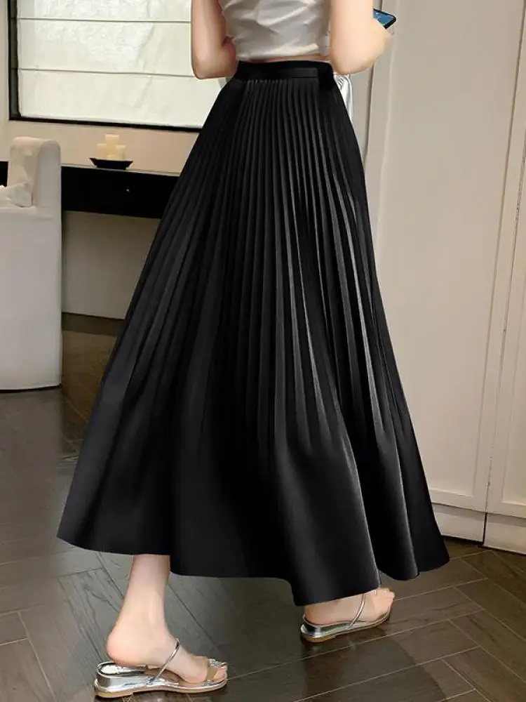 

Spring Summer New Women Solid Office Elegant Long Skirt French Fashion High Waist Vacation Pleated Half Skirt Popular Streetwear