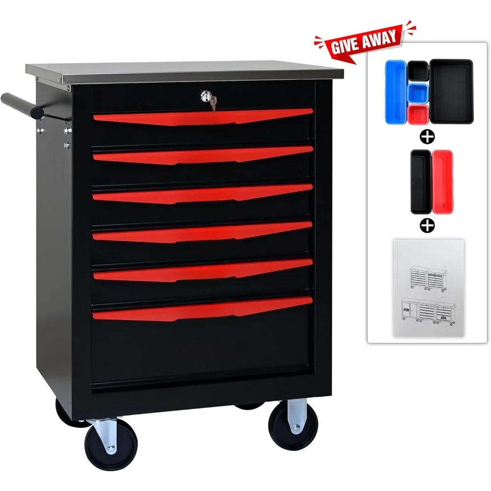 6-Drawer Multifunctional Stainless Steel Rolling Tool Cart with Wheels, Heavy-Duty Metal Storage Cabinet and Tool Box