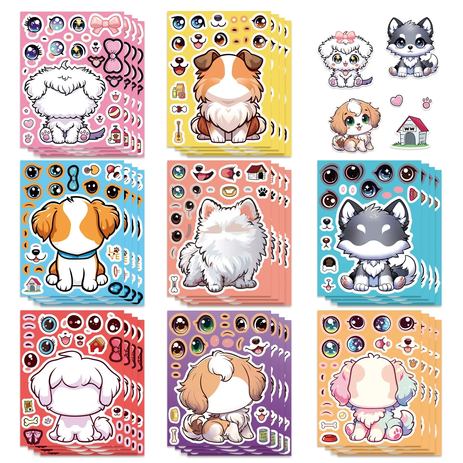 8/16 Blatt Niedliche Hunde-Gesichter zum Selbstgestalten Cartoon-Puzzle-Aufkleber für Notizbuch, Gitarre, Tasse, Handtasche, Dekorative Puzzle-Sticker für Kinder