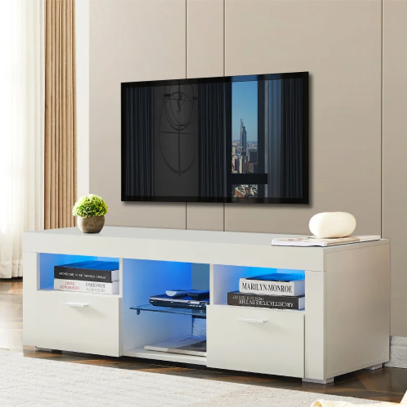 White morden TV Stand with LED Lights,high glossy front TV Cabinet,can be assembled in Lounge Room, Living Room or Bedroom,WHITE