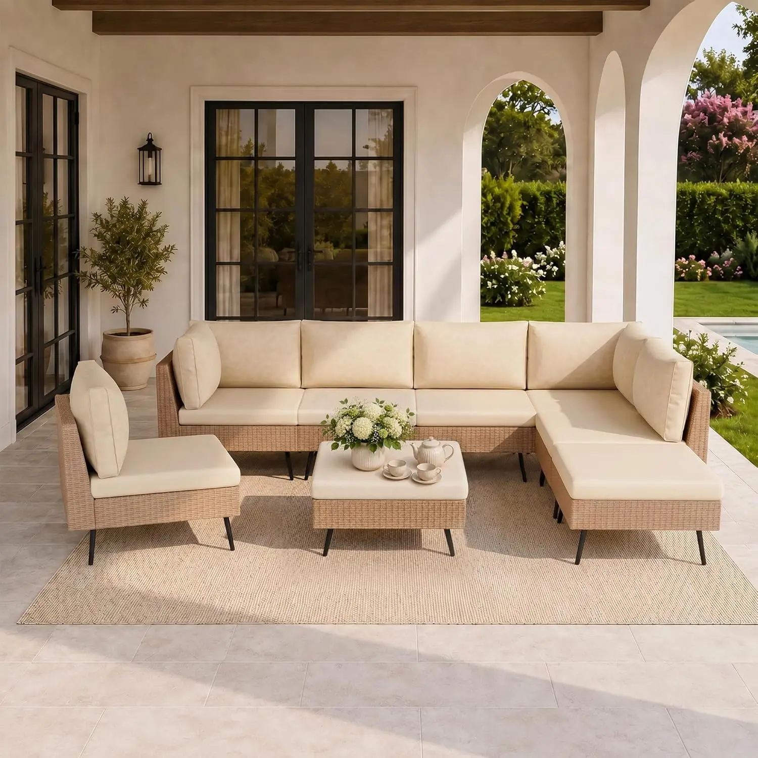 #8-Piece Wicker Outdoor Furniture Set, All-Weather Patio Conversation Set with Thick Cushions & 2 Multi-Use, Customized