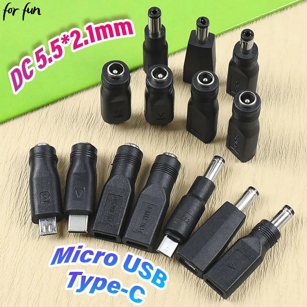 For-Fun 2PCS Type-C & Micro USB 2.0 to DC 5.5x2.1mm Power Jack Adapter Plug USB C to DC 5521 Male Female Connector 5V Interface