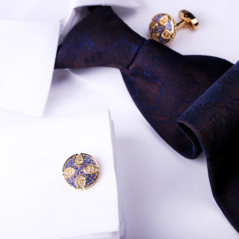 KFLK Cuff Links For Men Retro Round Blue Crystal Cufflinks Shirt Cross Button High Quality Brand Luxury Wedding Guests