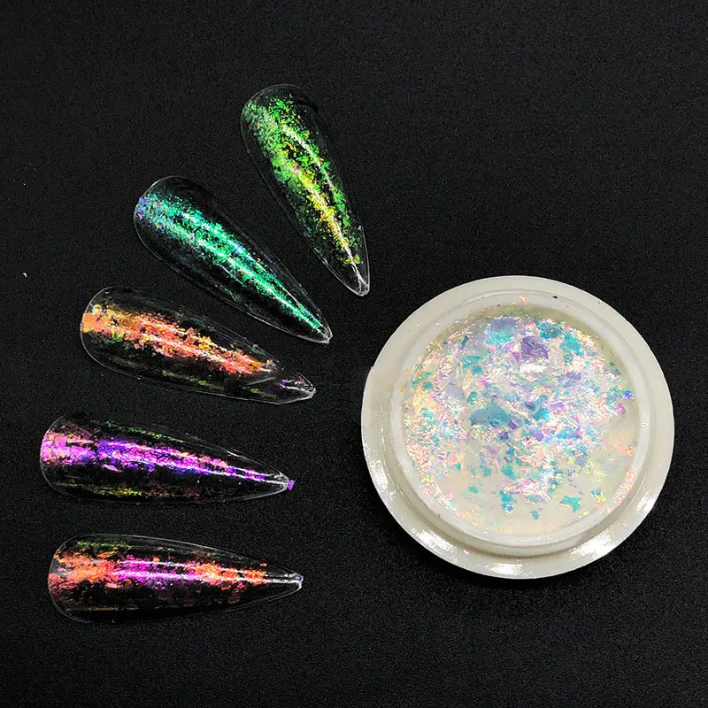 1Box Chameleon Nail Flakes Chrome Powder Fire Crystal Opal Flakes Gold Leaf For Nail Aluminum Foil Glitter Manicure Aurora Dust