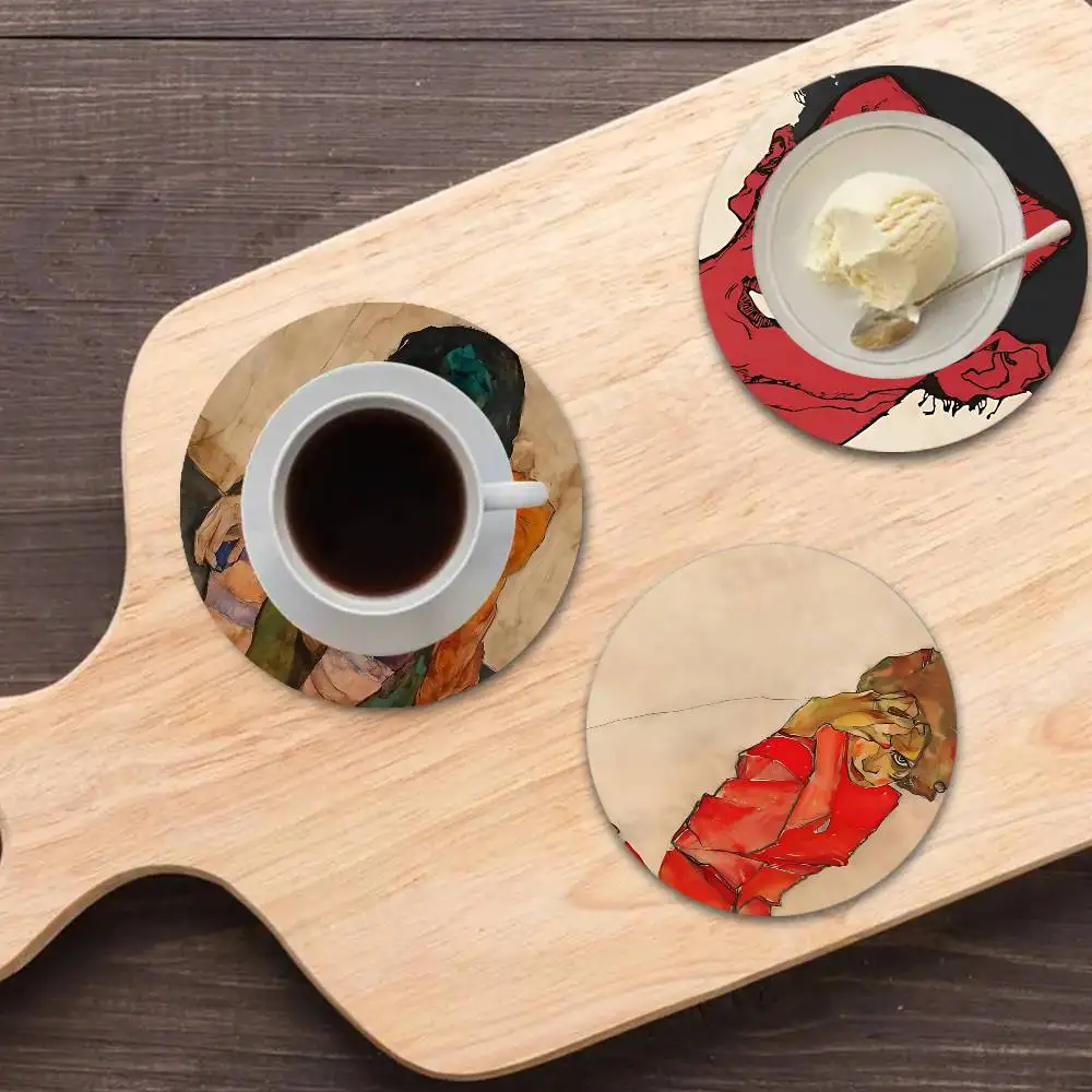 Artist Egon Schiele Art Retro Wooden Cup Mats Elements Colour Printing Cup Coasters Home Kitchen Decora Gifts