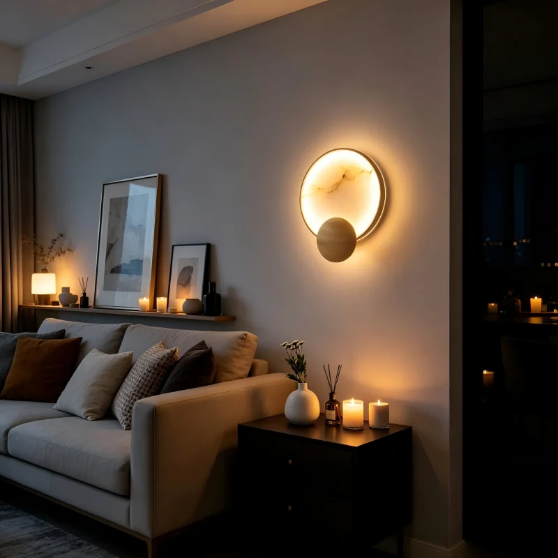 French Luxury LED Bedside Wall Lamp Natural Marble Lampshade for Bedroom Hotel Corridors Balconies Circular Lighting