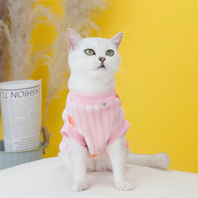 Strawberry Print Cat Puppy Sweater Autumn Winter Pet Clothing Plush Pullover with Pull-tab Low Price Kitten Clothes Sphynx Coats