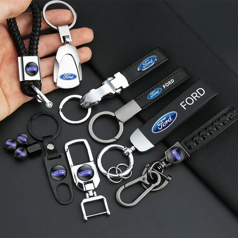 Car Keychain 3D Metal Leather Keyring Fashion logo Key Case Car Accessories for Ford Fiesta EcoSport Escort focus 1 2 3 mk2 mk3