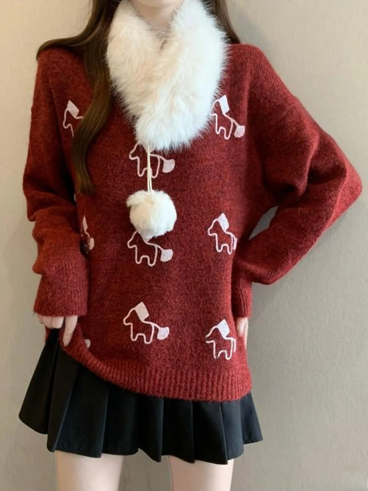 

Red Knitted Sweater Women's Autumn Winter Large Size Soft Cozy Commute Sle Embroidered Long Sve round Ne Sweater