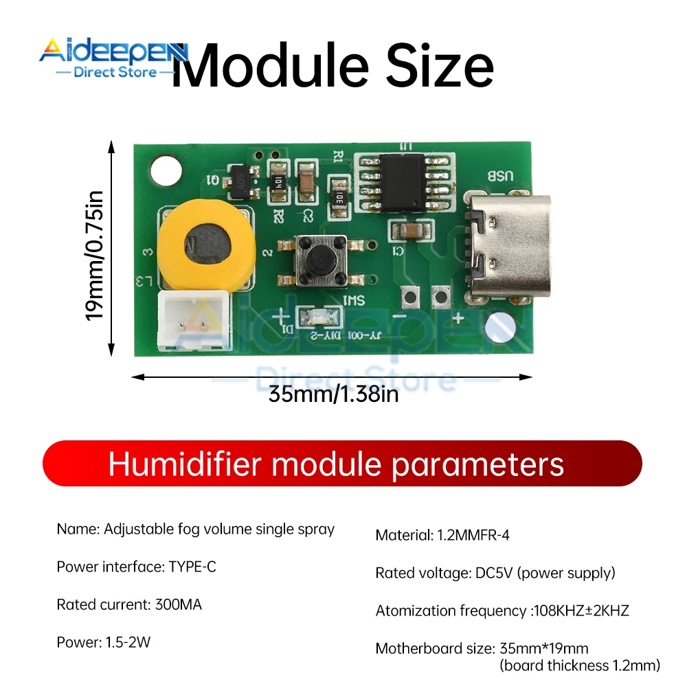Módulo humidificador en aerosol ajustable de 3 velocidades, tablero de Control de atomización, nebulizador ultrasónico DIY, interfaz de TYPE-C DC 5V 1,5-2W