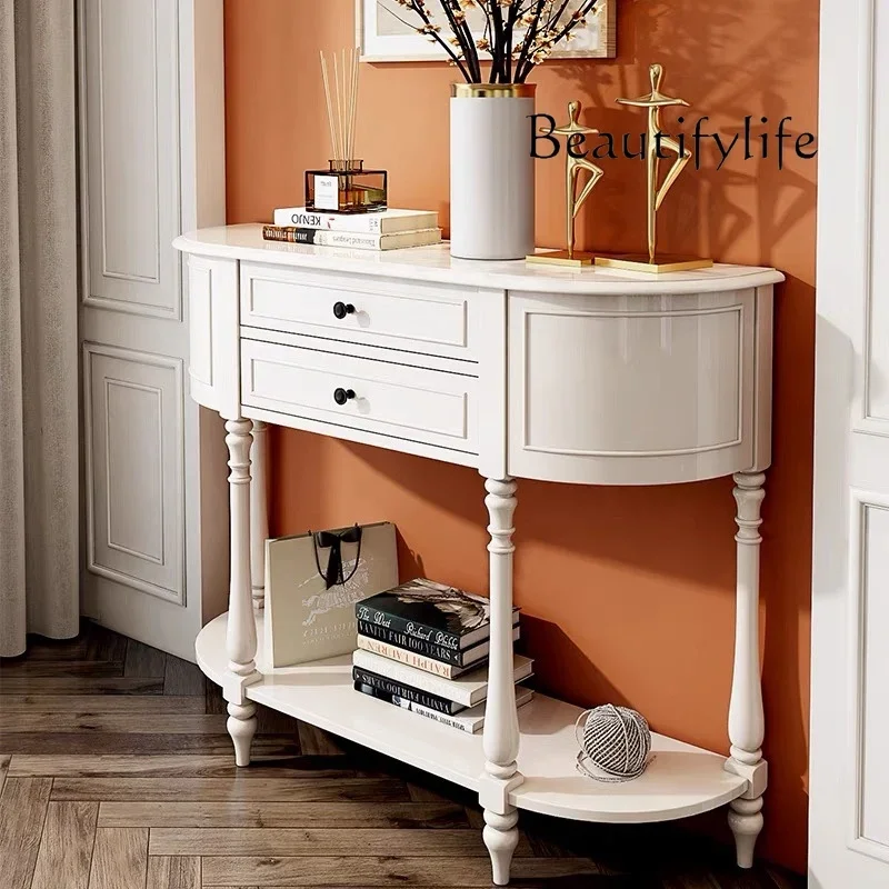 XR American Porch Table Full Solid Wood Cabinet European Style With Drawer Entry Door White Cream Wind Semicircular Living Room