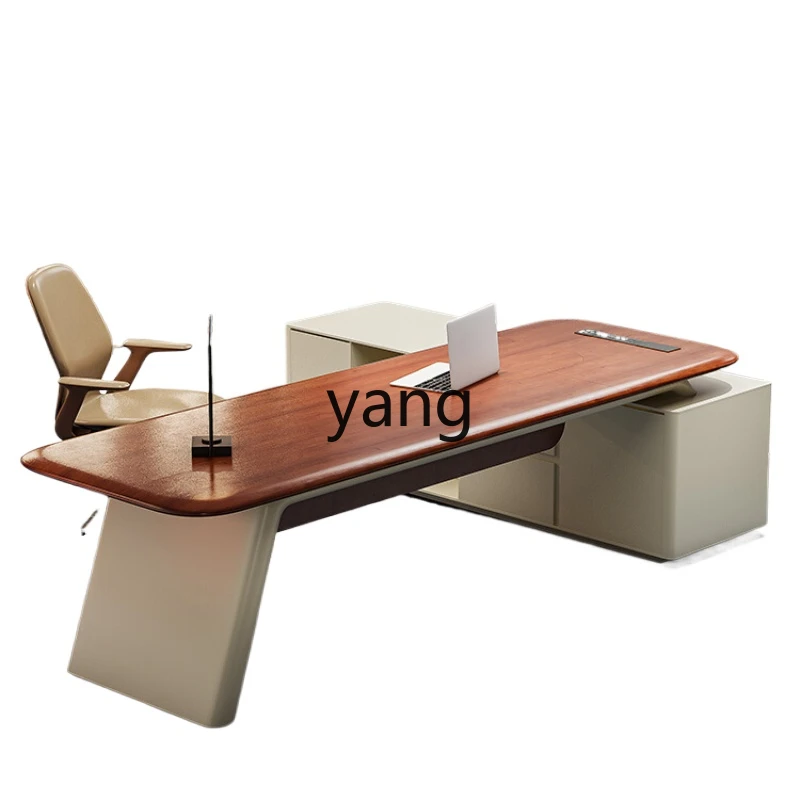 

Yjq Solid Wood Leather Boss Office Desk for Boss Simple Modern Atmosphere Paint Boss Office Table and Chair Combination