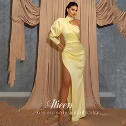 Aileen One Shoulder Satin Yellow Mermaid Special Occasion Dresses With Long Sleeves Prom Dress Women Elegant Party Ball Gowns