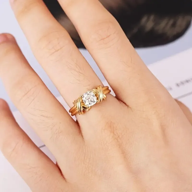 Huitan Newly Designed Cross Rings with Round/Cushion Cubic Zirconia Fashion Contracted Wedding Party Female Gold Color Jewelry