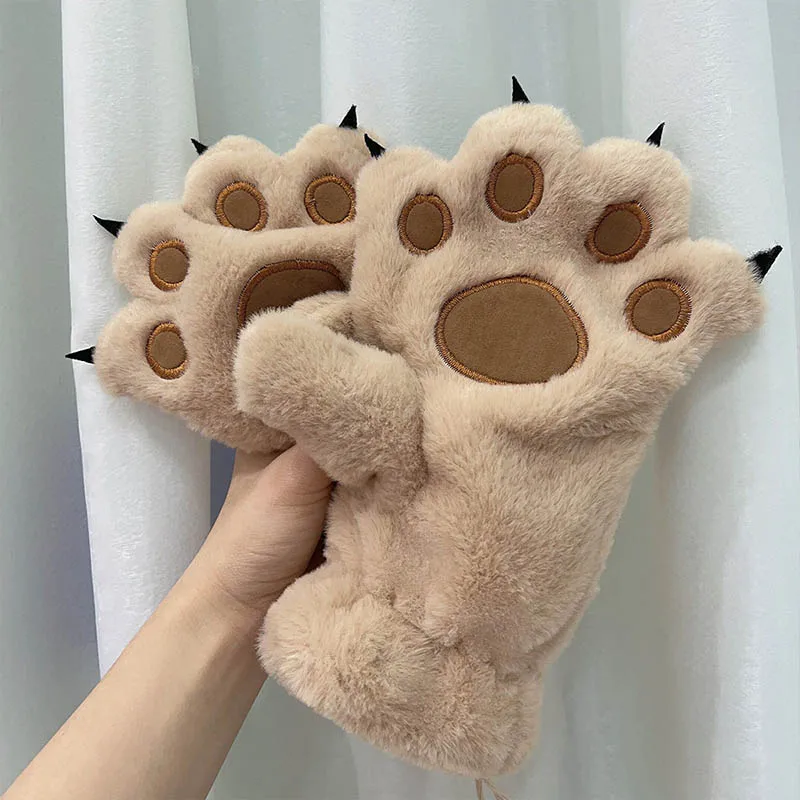 Women Gloves Bear Palm Paw Animals Plushclaw Glove Winter Fluffy Cat Paw Full Finger Gloves Keep Warm Lovely Soft Furry Mittens