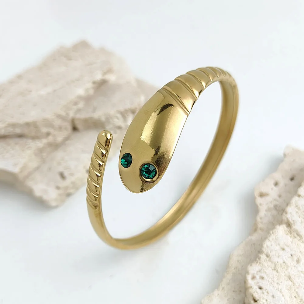 

Exquisite emerald snake-shaped opening bracelet, women's bracelet, golden stainless steel, festival jewelry gift