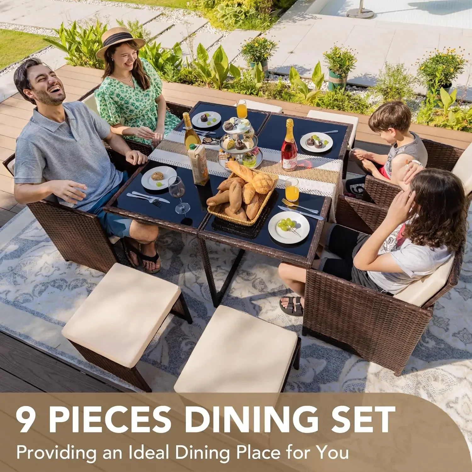 Juego de comedor para patio de 9 piezas, juegos de muebles para espacio exterior, asientos acolchados y respaldo, juego de conversación seccional (Beige)