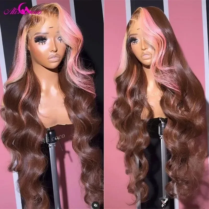 Ali Coco HD Brown Pink 13x4 Body Lace Frontal Wig For Women Pink Hightlight Lace Front Human Hair Wigs Transparent Lace Remy Wig