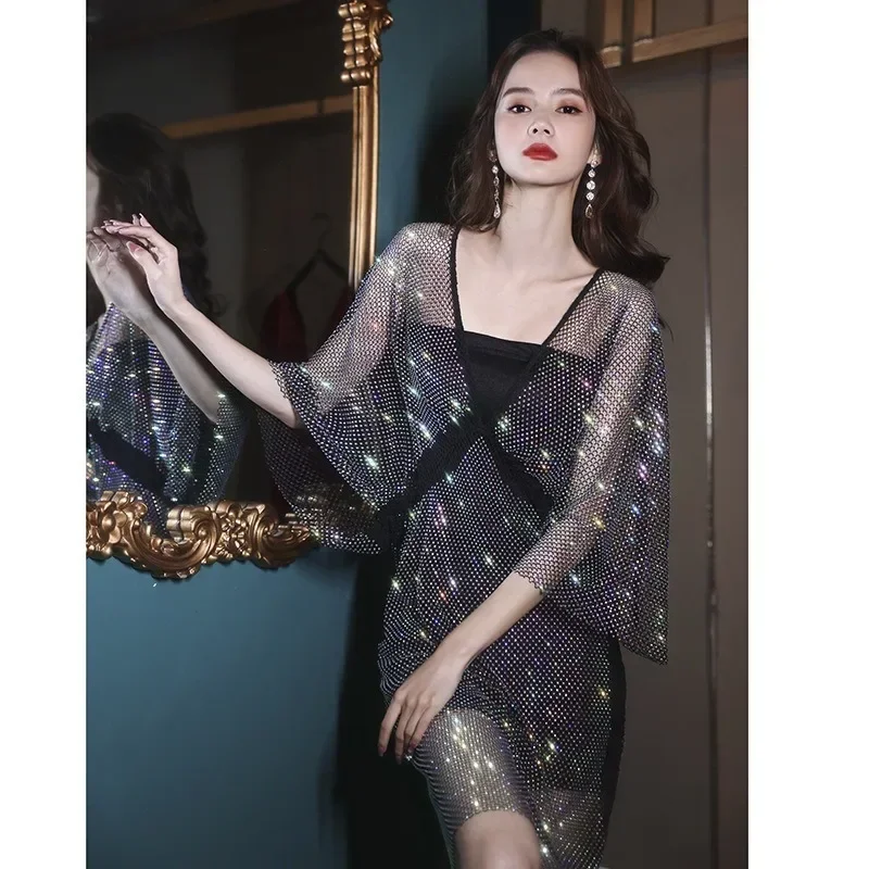 Sparkling Hot Diamond Bat Sleeve Dress for Women Grid Colored Diamond Perspective Womens Dresses