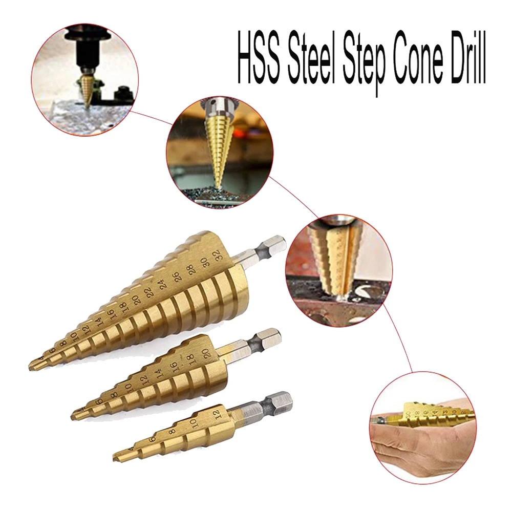 HSS Step Drill Bit Set of 3, 4-12mm 4-20mm 4-32mm Cone Titanium Wood Metal Hole Cutter Hex Shank Drive Quick Change Tool