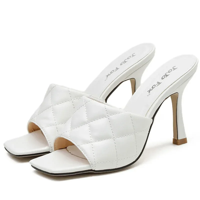 20212021 Toe Red Mule Heels Shoe Black PU High Heel Shoes Women Sandals Sliper Woman Shoes Zapatos Mujer