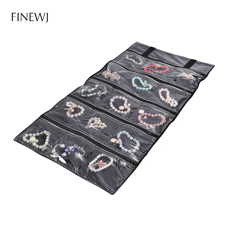 Portable Ring Earrings Jewelry Roll Up Travel Bag Clear Grids Bracelet Necklace Display Organizer Storage Carrying Zipper Pouch