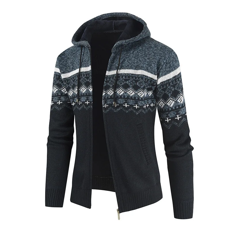 Autumn and Winter Foreign Trade New Men's Color Matching Hooded Fleece Cardigan Sweater Fashion Knitted Sweater Men's