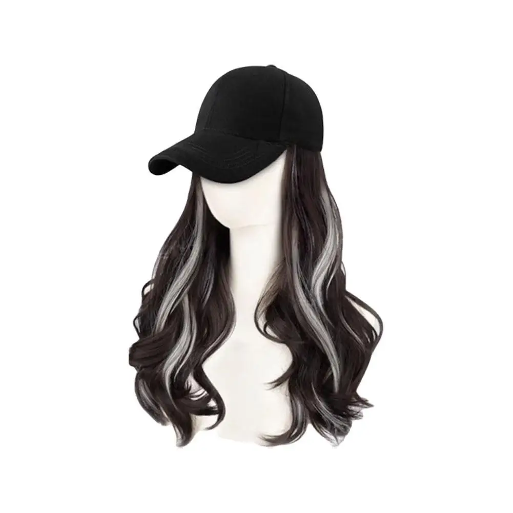 

Synthetic wig hat one-piece female black highlights white long curly hair baseball cap Imitation wig cap