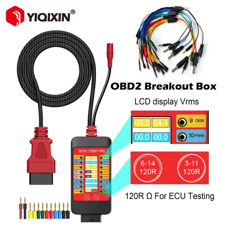 CTB007 PRO Breakout Box OBD2 con Display LCD, 16 PIN, Test ECU su Banco con Resistenza Integrata da 120 Ohm, Strumento Diagnostico per Auto