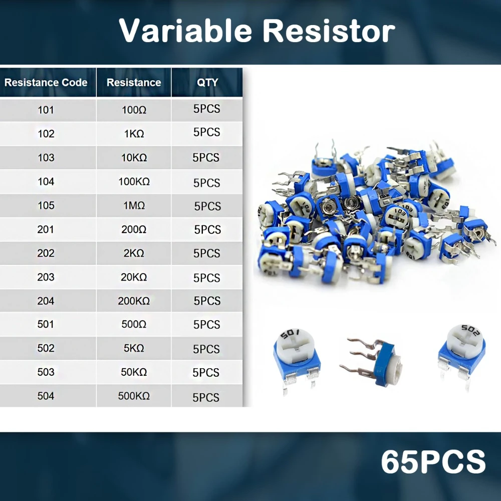 65 قطعة مقياس الجهد بالتشذيب RM065 مقاومة قابلة للتعديل 100R ~ 1M مقاييس الجهد 1K 5K 20K 50K 100K 500K 1M مقاومات متغيرة