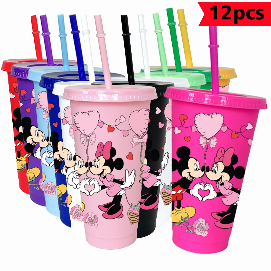 12 szt./opak. Kubki plastikowe z nadrukiem Disneya Myszka Miki i Minnie, 770 ml, kolorowe, na przyjęcia urodzinowe, do napojów, soków, kawy