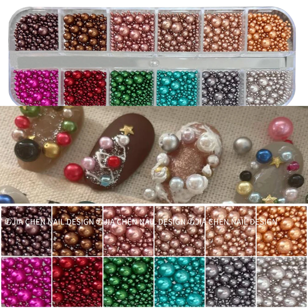 12 Siatek Mieszane Rozmiary Perłowe Kolorowe Koraliki Nali Charms Świąteczne Czerwone/Zielone Perły Cyrkonie do Paznokci Świąteczny Manicure Biżuteria A
