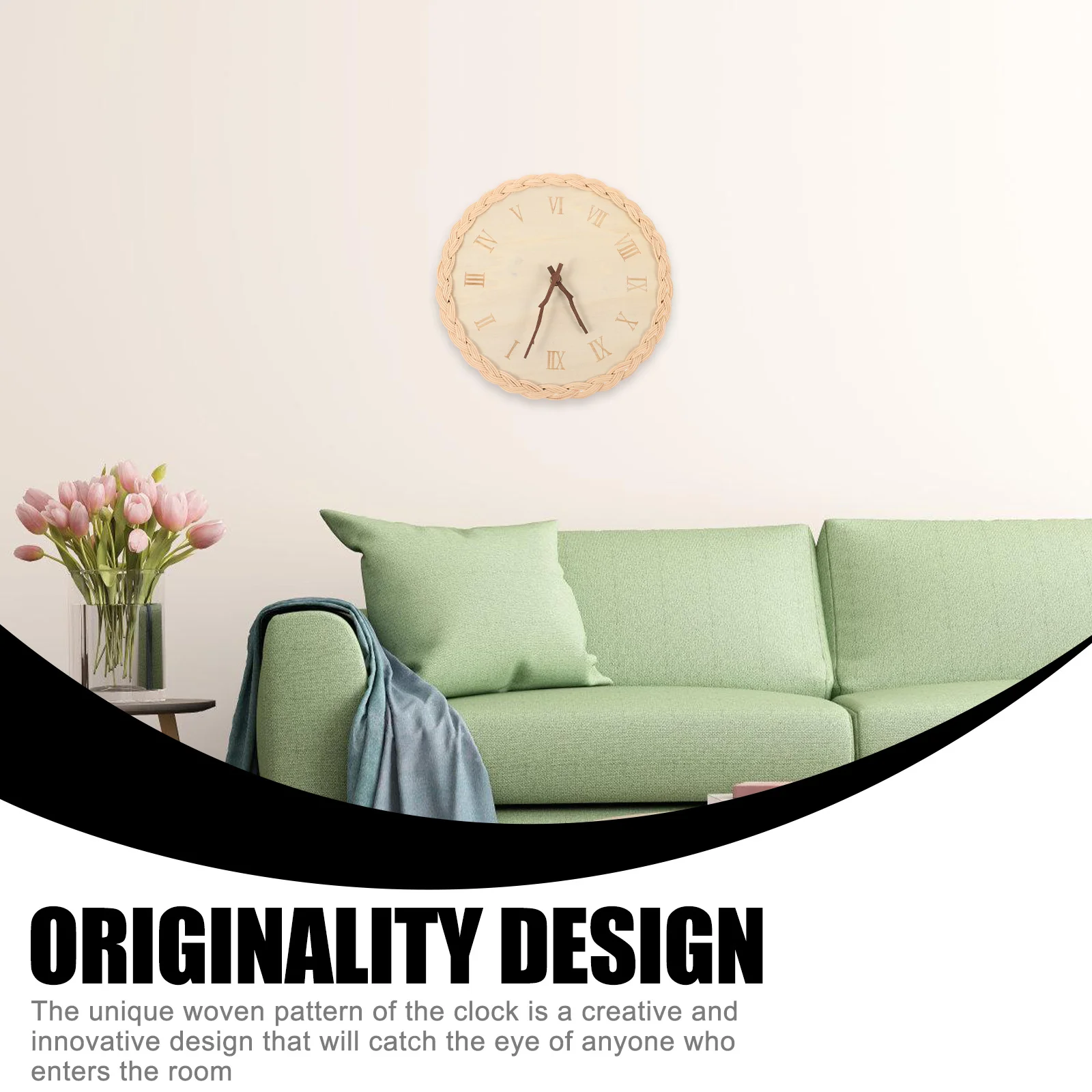 

Round Rattan Wall Clock with Silent Movement Minimalist Home Decor Hanging Clock for Bedroom Living Room Kitchen Non Ticking