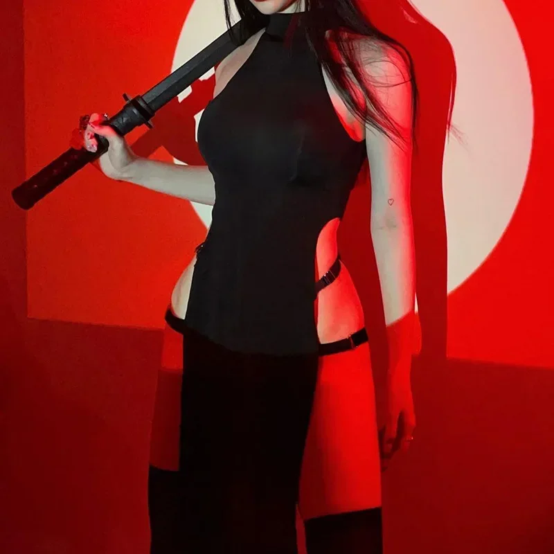 Camisola sem mangas de fenda alta feminina, lado aberto, estilo chinês, cheongsam, cosplay, vestido sexy, preto, uniforme de peito, novo