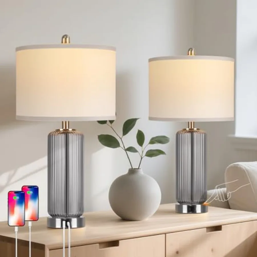 

Table Lamps Set of 2 with Touch Control, 3-Way Dimmable Nightstand Lamp with Vertical Grained Glass, Grey Bedside Table Lamps,