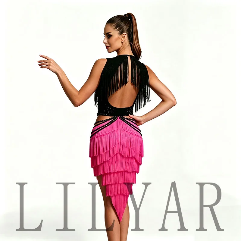 New Latin Dance Tassel Dance Skirt Competition Dress Performance Dress Pearl Jewelry Black Shining Glitter Customized Size view 5