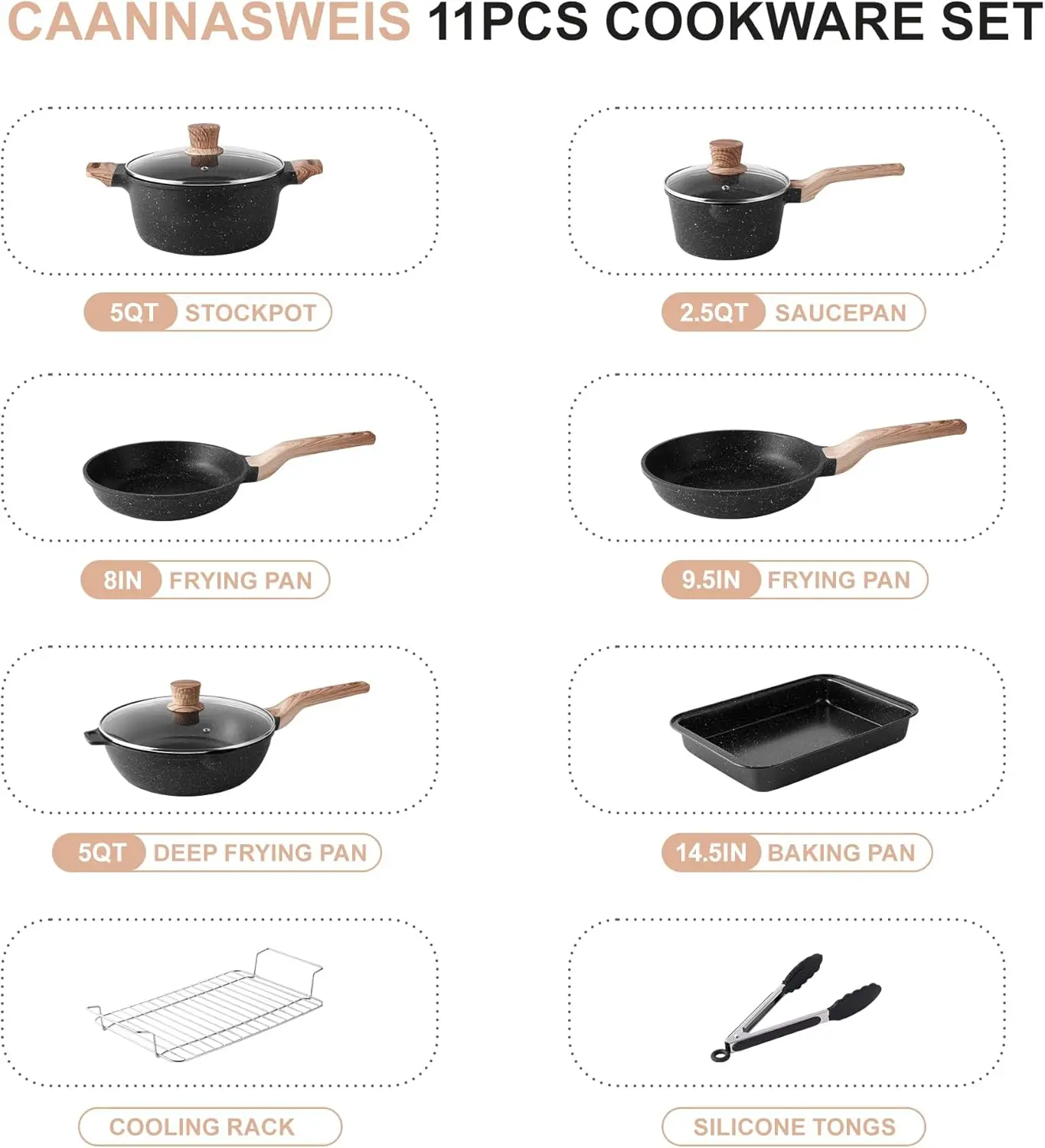 Pots and Pans Set - Caannasweis Nonstick Granite Stone Cookware Sets, Induction Frying Pans for Cooking, PFOS PFOA Free