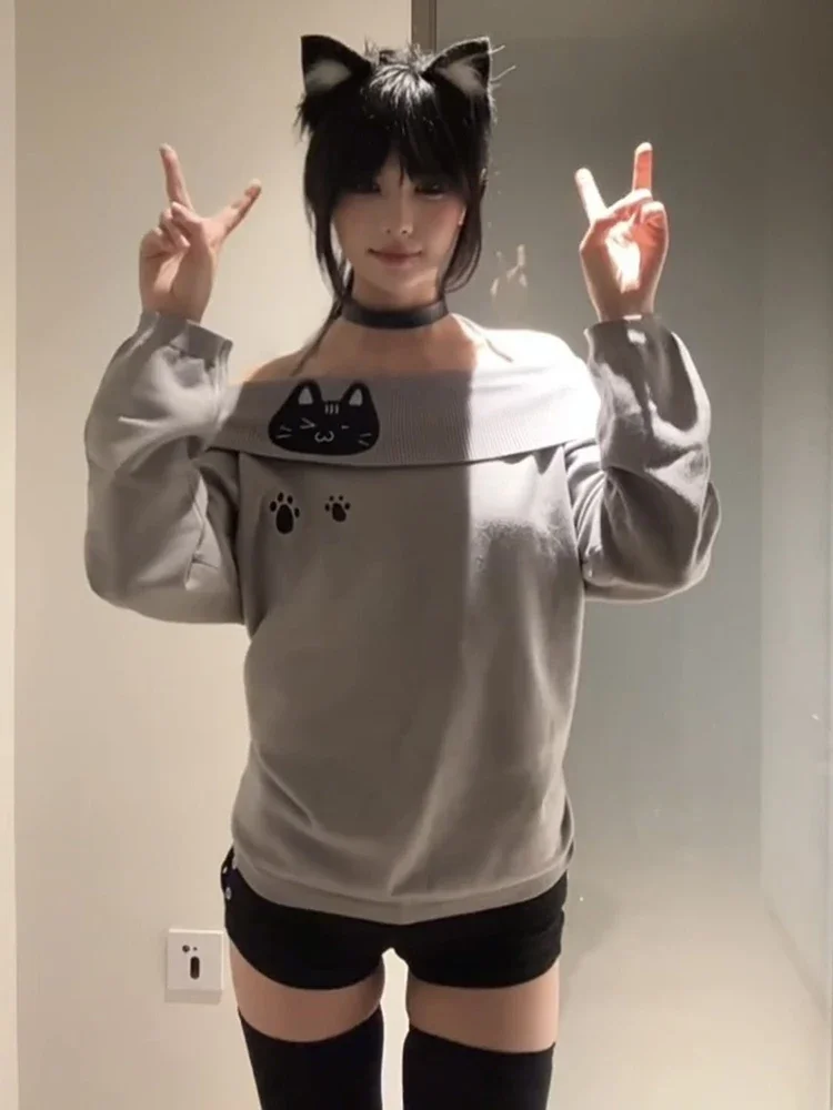 

Cute Embroidery Off The Shoulder T Shirt Women Kawaii Cat Long Sleeve Basic Blouse Tight Basic Crop Top Strapless Gray Tees