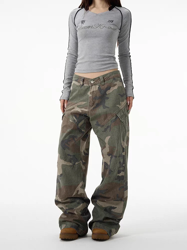 

Retro American Loose Camouflage Pants Women's Trendy Design Sensation Workwear Couple's Jeans High Waist Long Leg