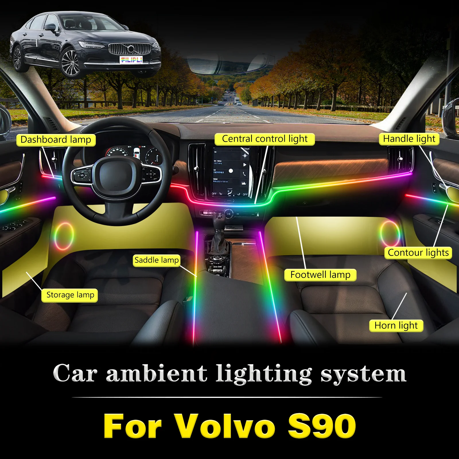 

For Volvo S90 Car Interior Mood Ambient Light RGB 64-Color LED Smart Remote Control Atmosphere Lamp Energy Saving Kit