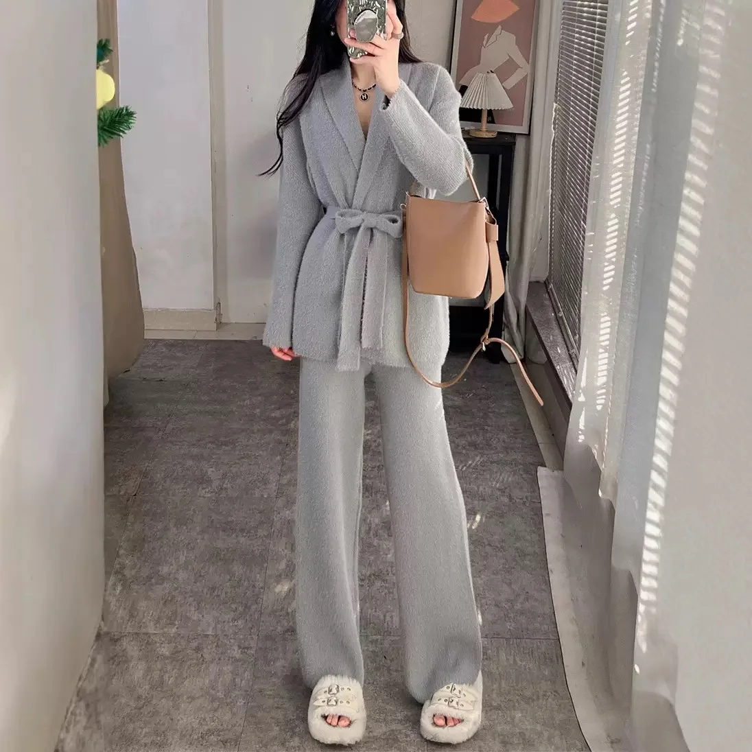 

Женские комплекты брюк из двух предметов, однотонные одинаковые комплекты, кружевное пальто с отложным воротником, брюки с эластичной резинкой на талии, свободный крой, повседневные брюки 202, осень-зима