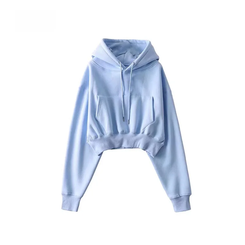 

Warm Fleece Lined American Style Autumn Winter Short Hoodie Women's Drawstring Waistcoat Commute Style Loose Fit Long Sleeve