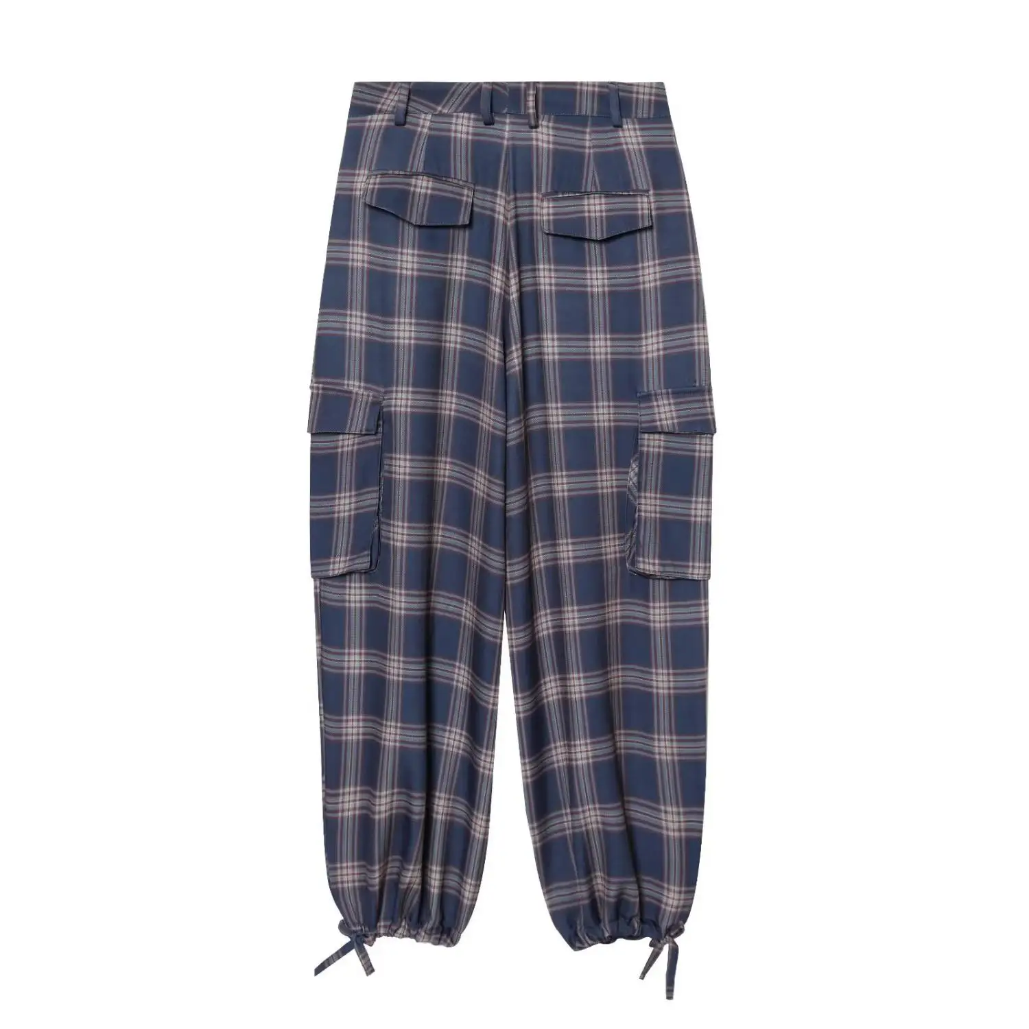 Cross-Border Women's Fashion Plaid Lantern Work Pants Cuffed Casual Long Trousers High Waist Organic Cotton Elderly Suitable