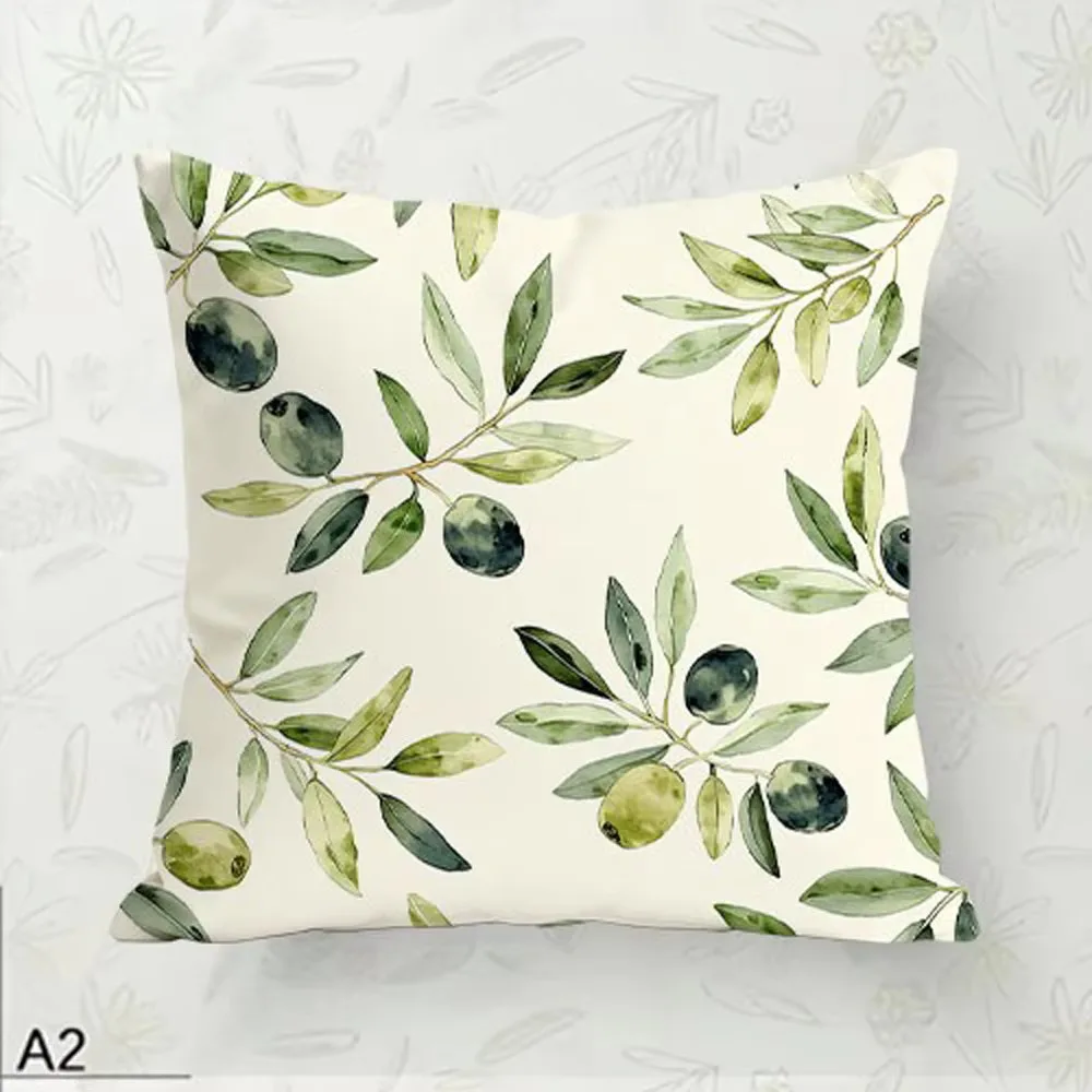 Mediterranean Olive Twig Double Sided Cushion Cover, Soft Polyester 2D Print Pillow for Sofa Bedroom Living Room Home Decor