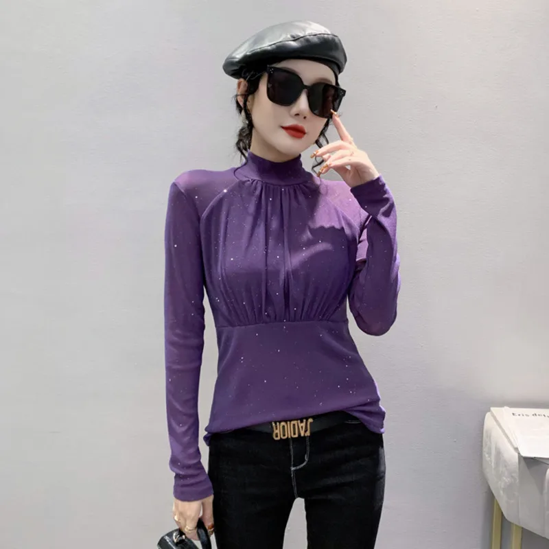 #5719 Turtleneck T Shirt Women Solid Color Sexy Tight Stretch Mesh Long Sleeve T Shirt Female Folds Office Womens Tee Shirts